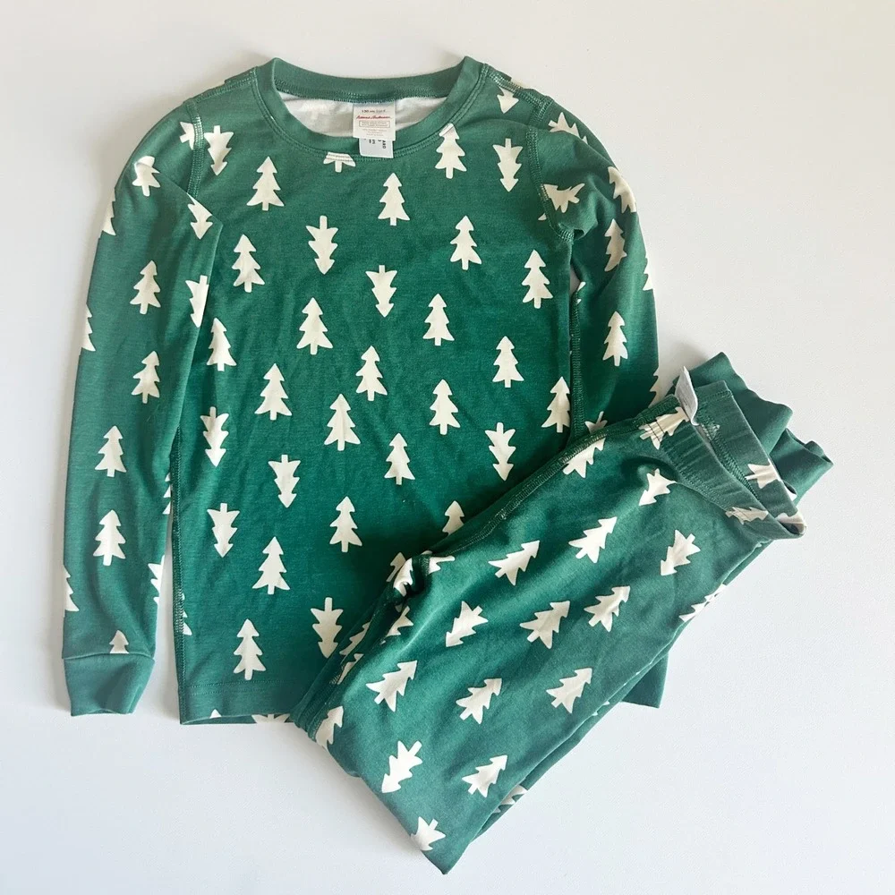 Hanna Andersson Kids Green Christmas Pine Tree Modal Holiday Pajama Set Size 8